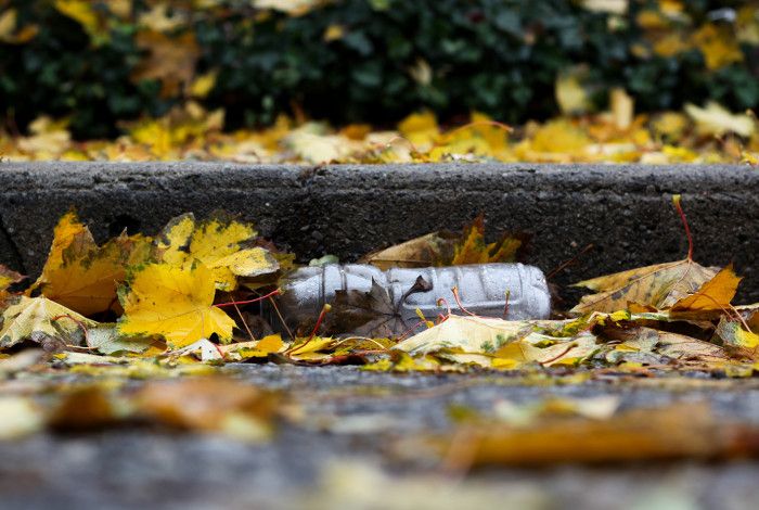 Plastic bottle in gutter with leaves