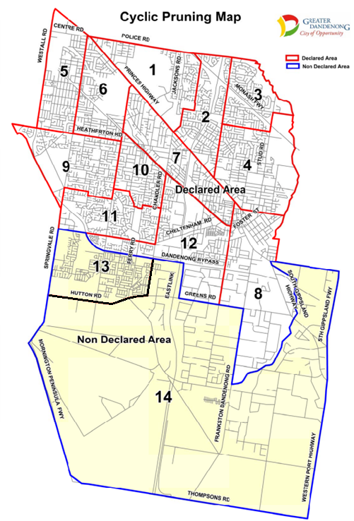 Map of Greater Dandenong outlining the areas for cyclic pruning 