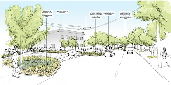 Artists Impression (Hansen Partnership) of the re-aligned Robinson Mason Street looking north project 