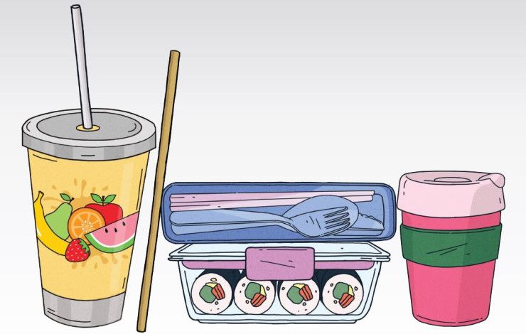 an illustration of reusable food and drink containers 