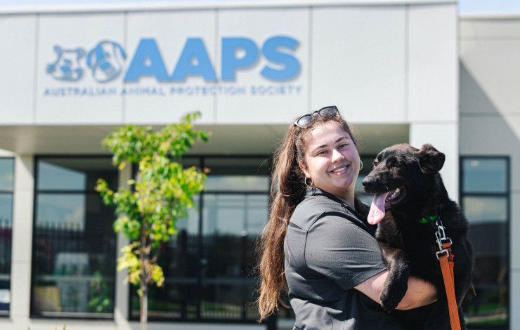 Happy woman hugging a dog in front of the AAPS building.