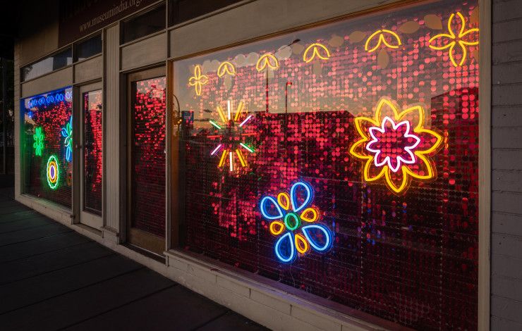Neon lighting on a window at Little India