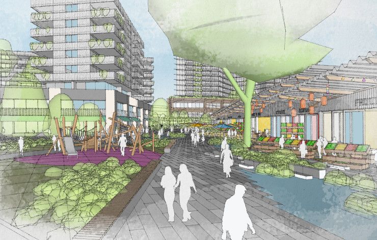 Artist impression from Pioneer Park and Market interface showing high quality public spaces and activated buildings.