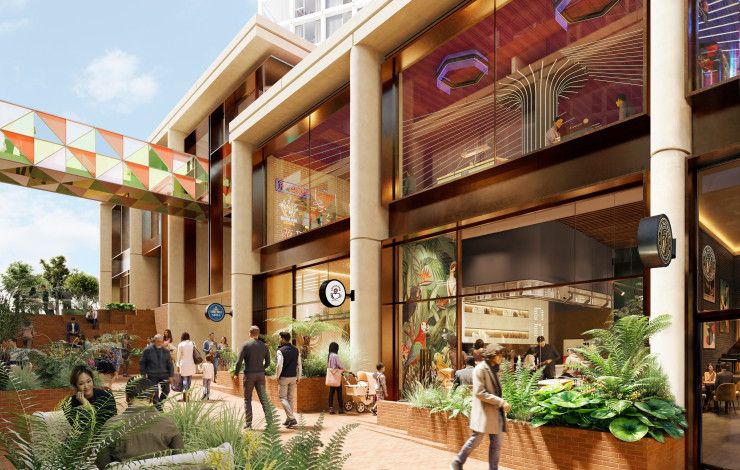 Artist's impression of people walking though a shopping area next to a residential building