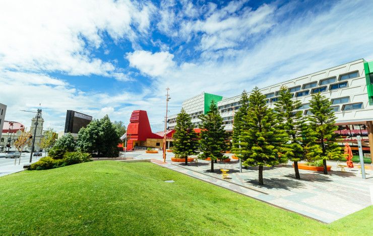 A stand of trees in front of a large civic building with a cloudy blue sky overhead.
