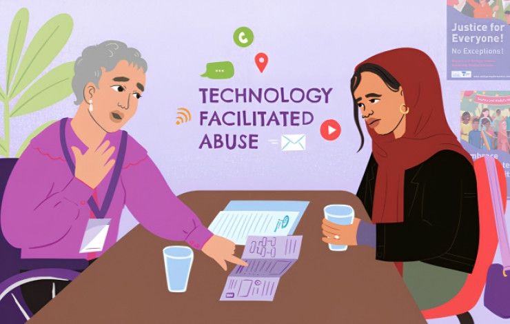 Illustration of two women sitting across a table from each other in the background are the words technology facilitated abuse.