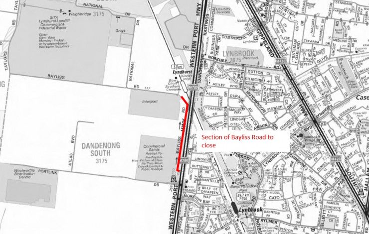 Map showing closed section of road