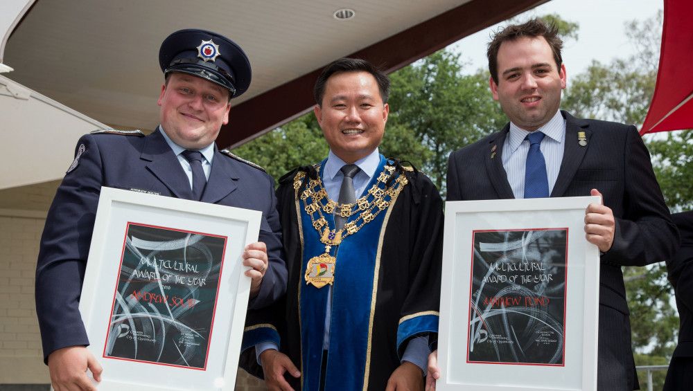 Andrew South and Matthew Pond, Noble Park CFA Noble Park with Mayor, Heang Tak 