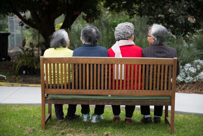 Four senior ladies on a park bench