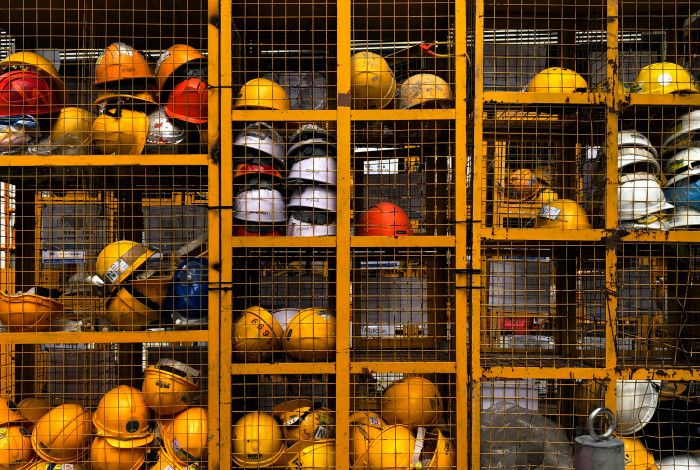 safety hats in a storage area