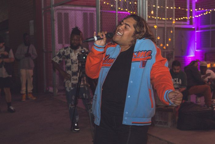 person singing into microphone
