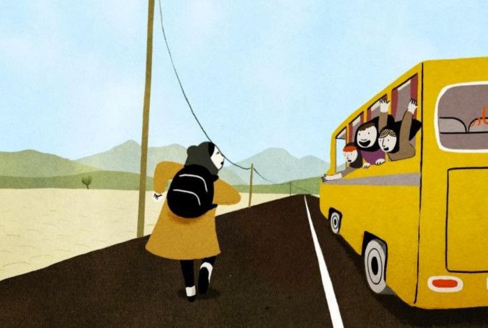 Cartoon image of Woman wearing a headscarf walking next to a bus