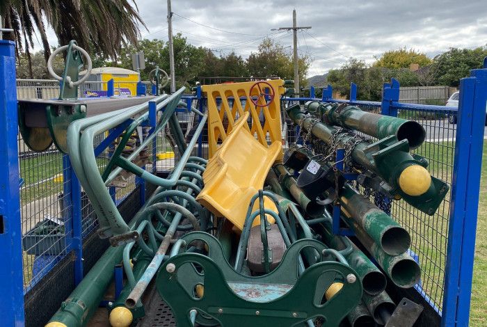 Disassembled play equipment at Sandra Reserve.