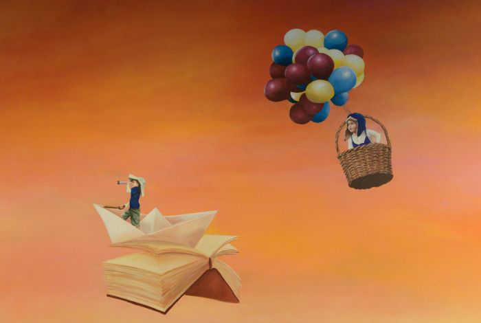 Image: A mural painting of a flying book paper hat, air balloon and children
