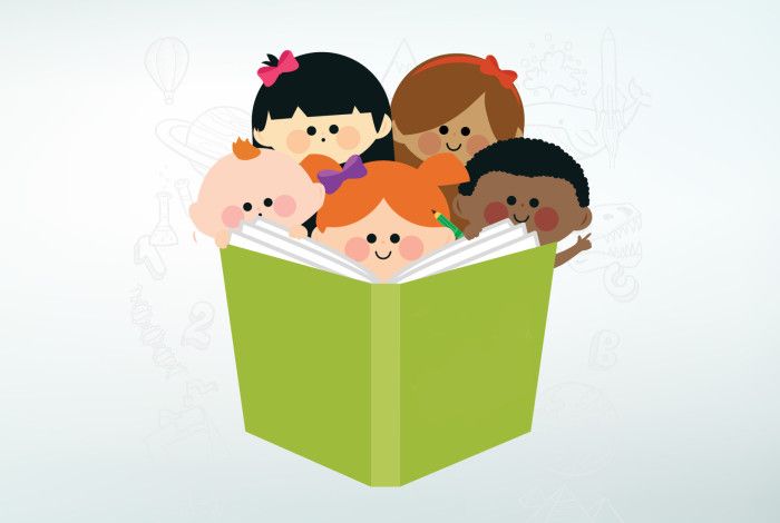 Image: Cartoon style image of children reading a big book