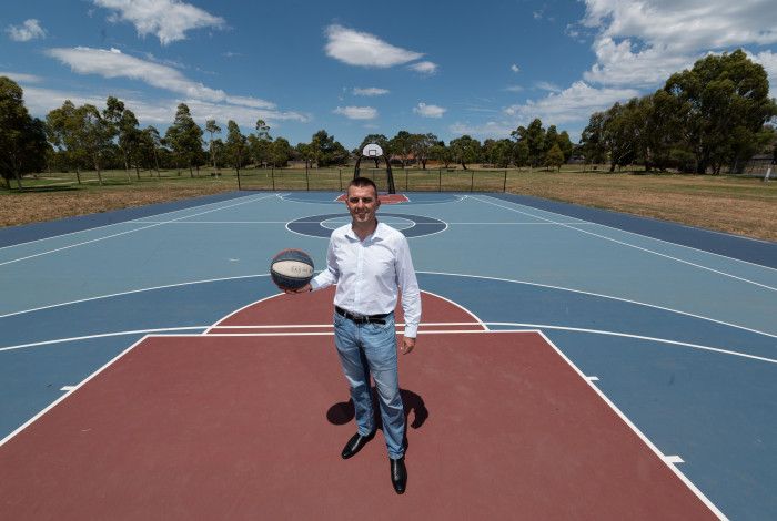 Councillor Bob Milkovic at the Tirhatuan Park basketball court