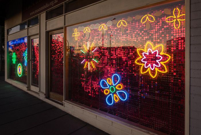 Neon lighting on a window at Little India