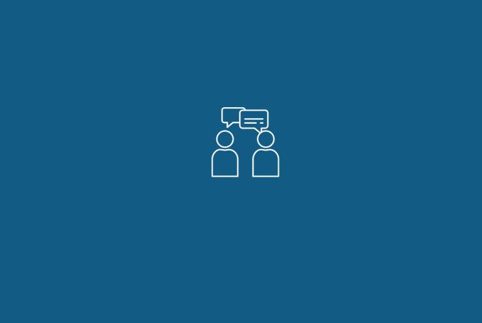 blue background with icons of people talking