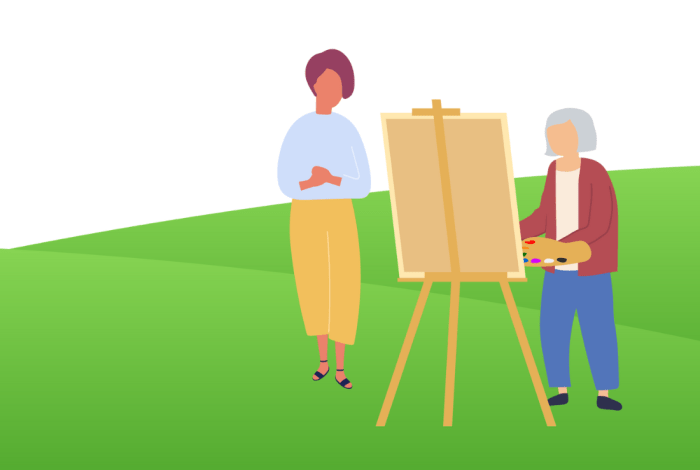 A stylised image of an elderly woman painting with a younger female.