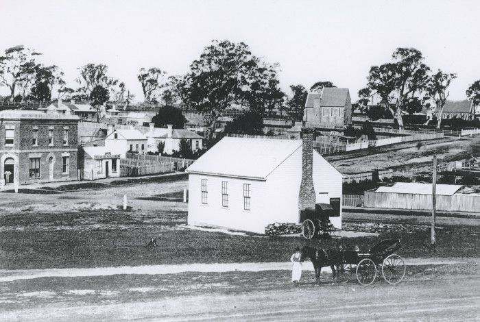 Black and white image of Dandenong circa 1880, showing the white Mechanics Institute Building
