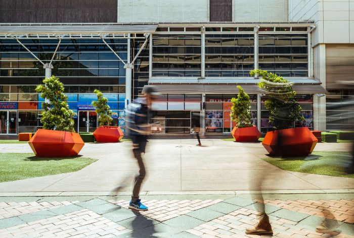 people walking through a street