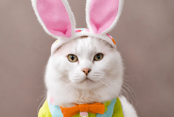 a white cat with bunny ears 