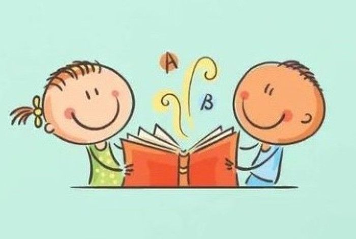 Cartoon image of two children reading a storybook together
