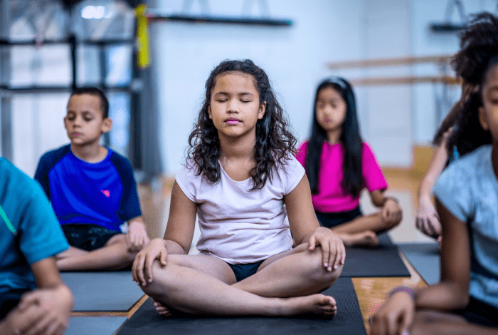 Children in lotus position during yoga session.