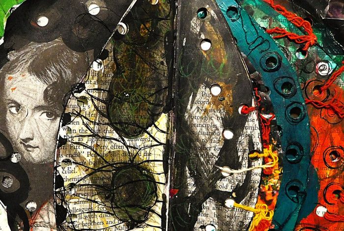 Colourful collage artwork, with pencil drawing of women and threads.  
