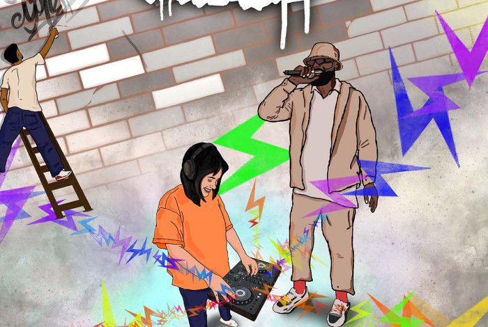 Two people listening to music with a record player and one person doing some graffit