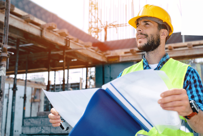 A building site worker in a hard hat.