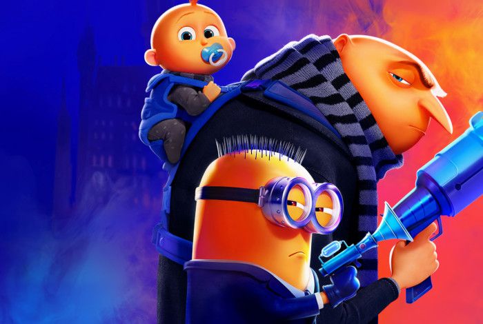 Despicable Me movie poster showing Gru with a baby on his back and a minion