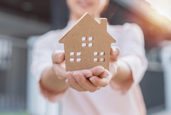 person holding a cardboard house