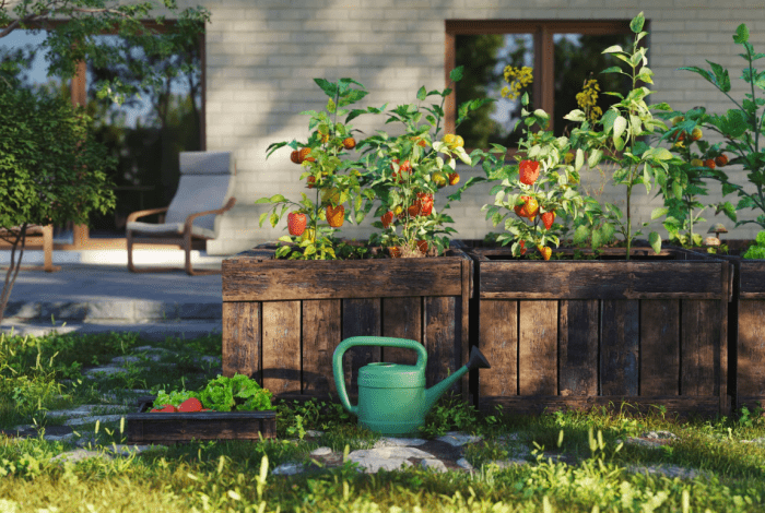 Garden with vegetable planter boxes.