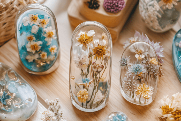 A selection of ornaments made of dry flowers set in resin displayed on a wooden surface.