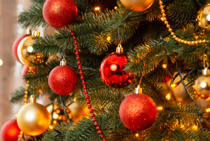 A close up of a Christmas tree with red and gold baubles.
