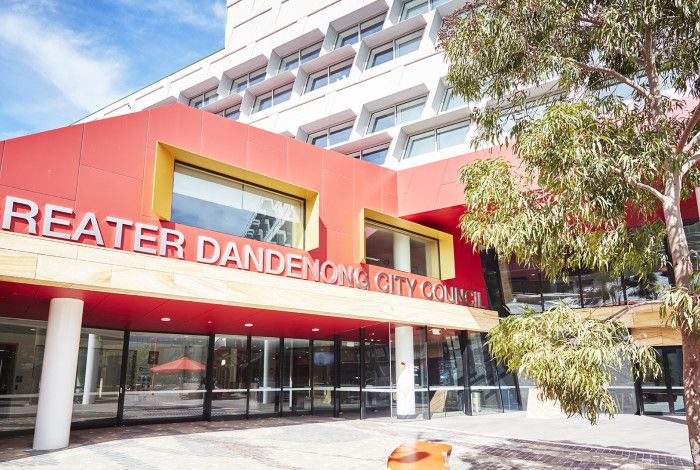 Red building with the sign Greater Dandenong City Council on the front