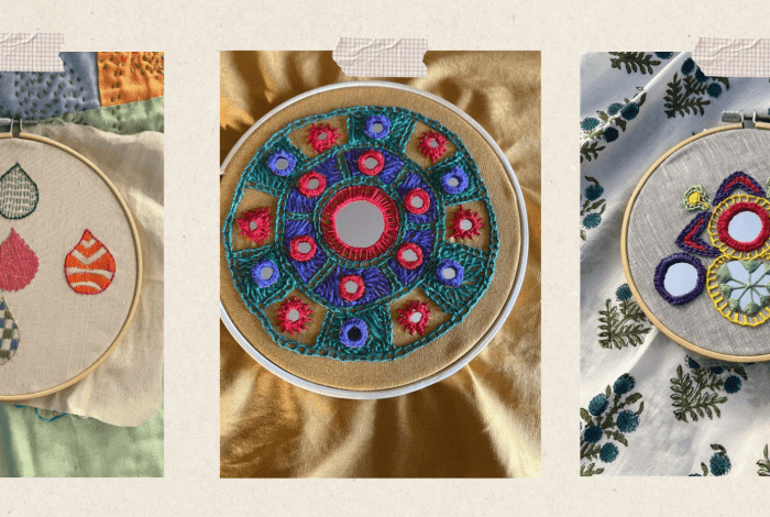 Three brightly coloured embroidery projects in a row.