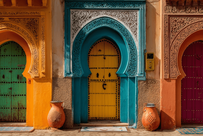 Three colourful traditional Moroccan doorways.