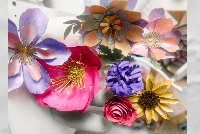 A colourful bouquet of paper flowers. 