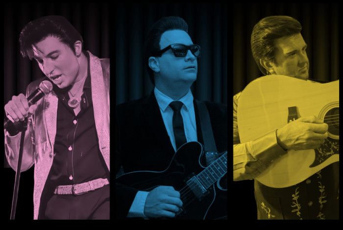 Three men, one singing and two playing guitars