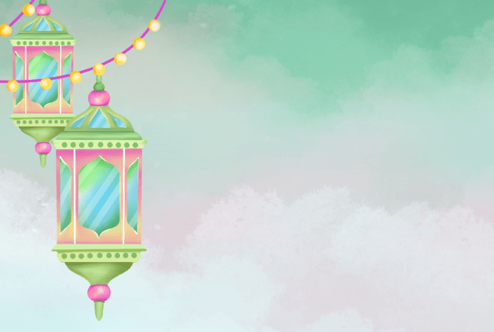 Colourful Ramadan lanterns hanging over a cloudy sky background.