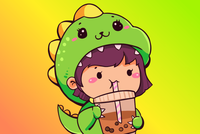 A bright chibi style illustration shows a cartoon character in a green dinosaur hoodie sipping bubble tea. 