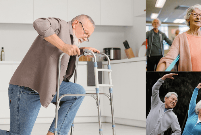 Older people exercising and standing from a kneeling position using an aid