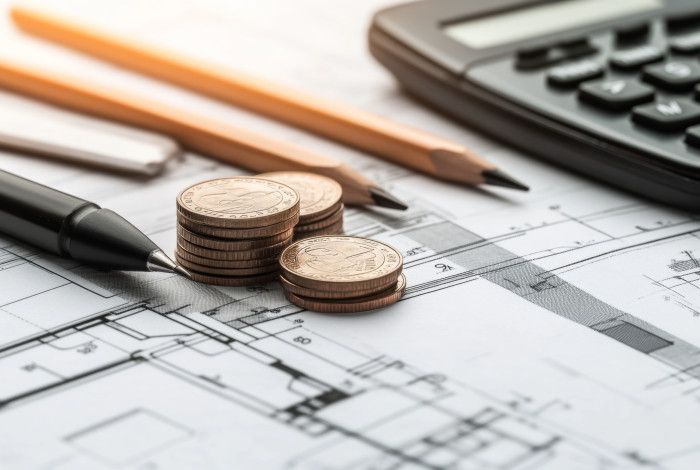 Architectural plans on a desk with coins, a pen, pencils and a calculator.