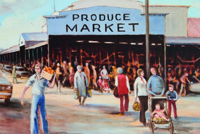 A drawing of the Dandenong Produce market and people walking