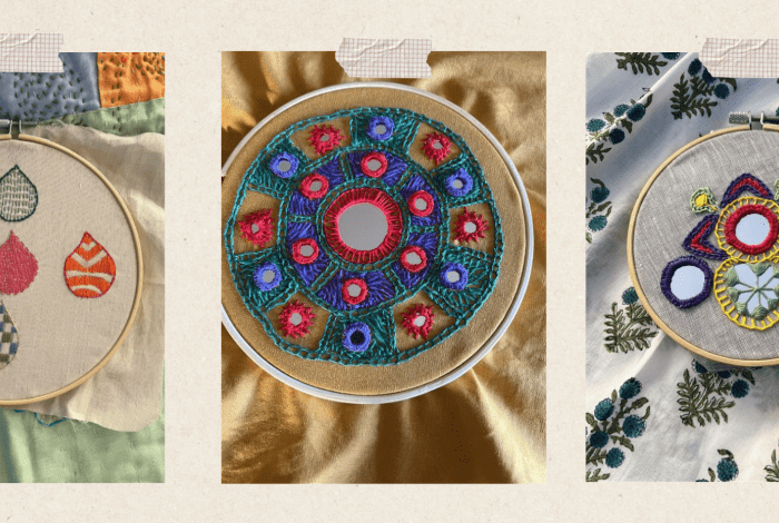 Circular designs of embroidered cloth.