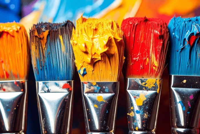 Five paint brushes side by side laden with colour.