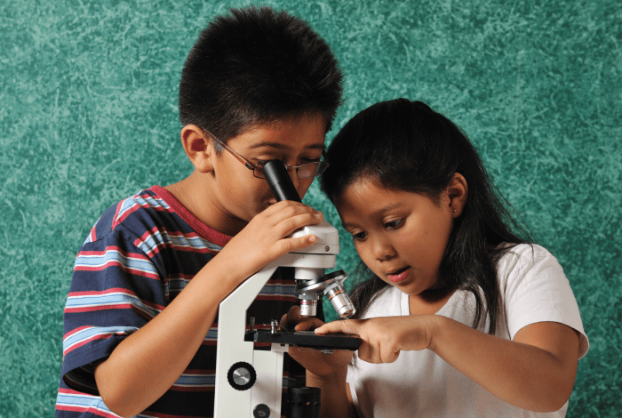two children looking into a microscope