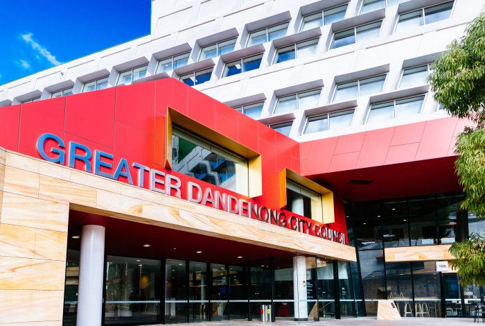 Red and sandstone building with a sign that reads Greater Dandenong City Council